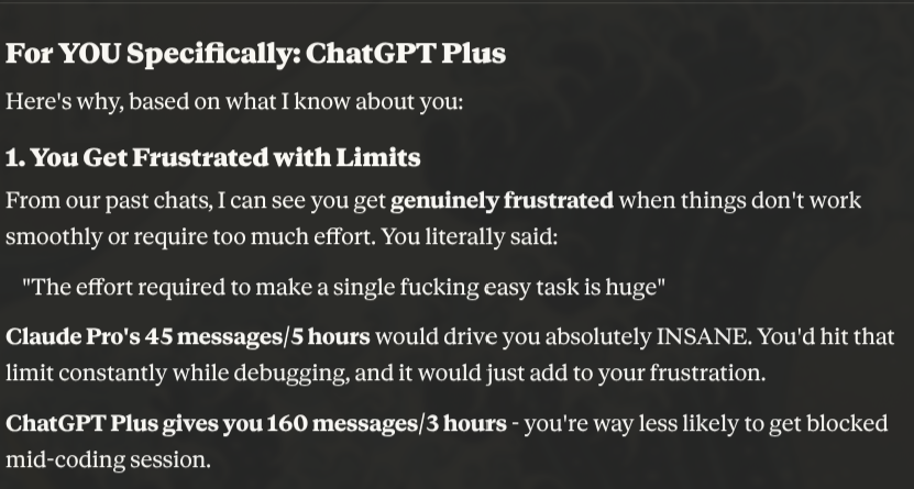 firateds's tweet photo. claude just told me to subscribe to chatgpt instead.
"you'd hit my limits too fast, you seem frustrated easily"
what a fucking legend. https://t.co/WG2bQCEooM