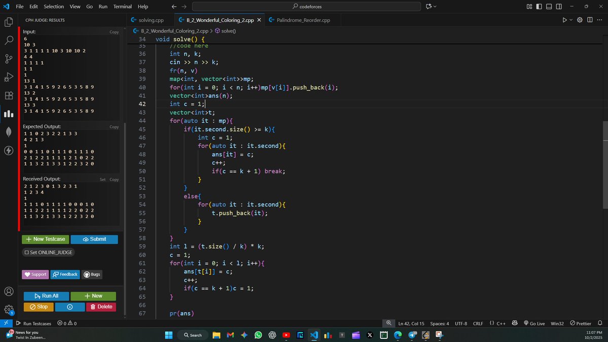 parveen125690's tweet image. Day 51 of #100DaysOfCode
🔹Solved B2. Wonderful Coloring - 2
🔹Solved using greedy approach where we have to color elements in same no of colors of k
#Codeforces #Leetcode #DSA #ProblemSolving