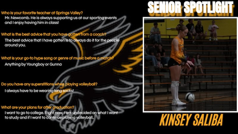 Today's Spotlight is Kinsey Saliba. She is a 4 year member of the Volleyball team where she was a 2nd team All-State Middle Hitter. She has over 100 aces and 100 blocks on her career! We want to wish her the best of luck as they get into post season play in a couple of weeks!