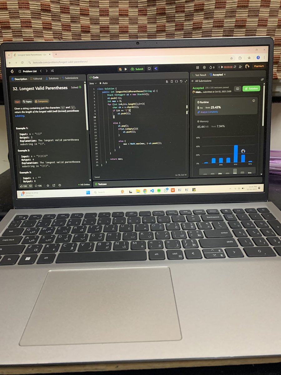 fivefeetcoder's tweet image. Day 27

Problem 32: Longest Valid Parenthesis

Time Complexity: O(N) because we are traversing through the whole string once. 

Space Complexity: O(N) because in the worst case scenario, the stack we are using could just contain all opening brackets.