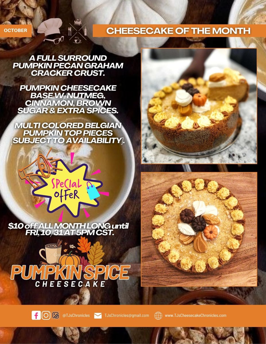 TJsChronicles's tweet photo. The Pumpkin Spice Cheesecake is the Cake of the Month for October! That means of course enjoying the discounted price on the Original 9” &amp; Personal Mini 6” size all month long until Friday, 10/31 at 5PM CST.

Use the links. Nab yours now!

@TJsChronicles | https://t.co/edInJqglUk https://t.co/uFSwARP4Ul