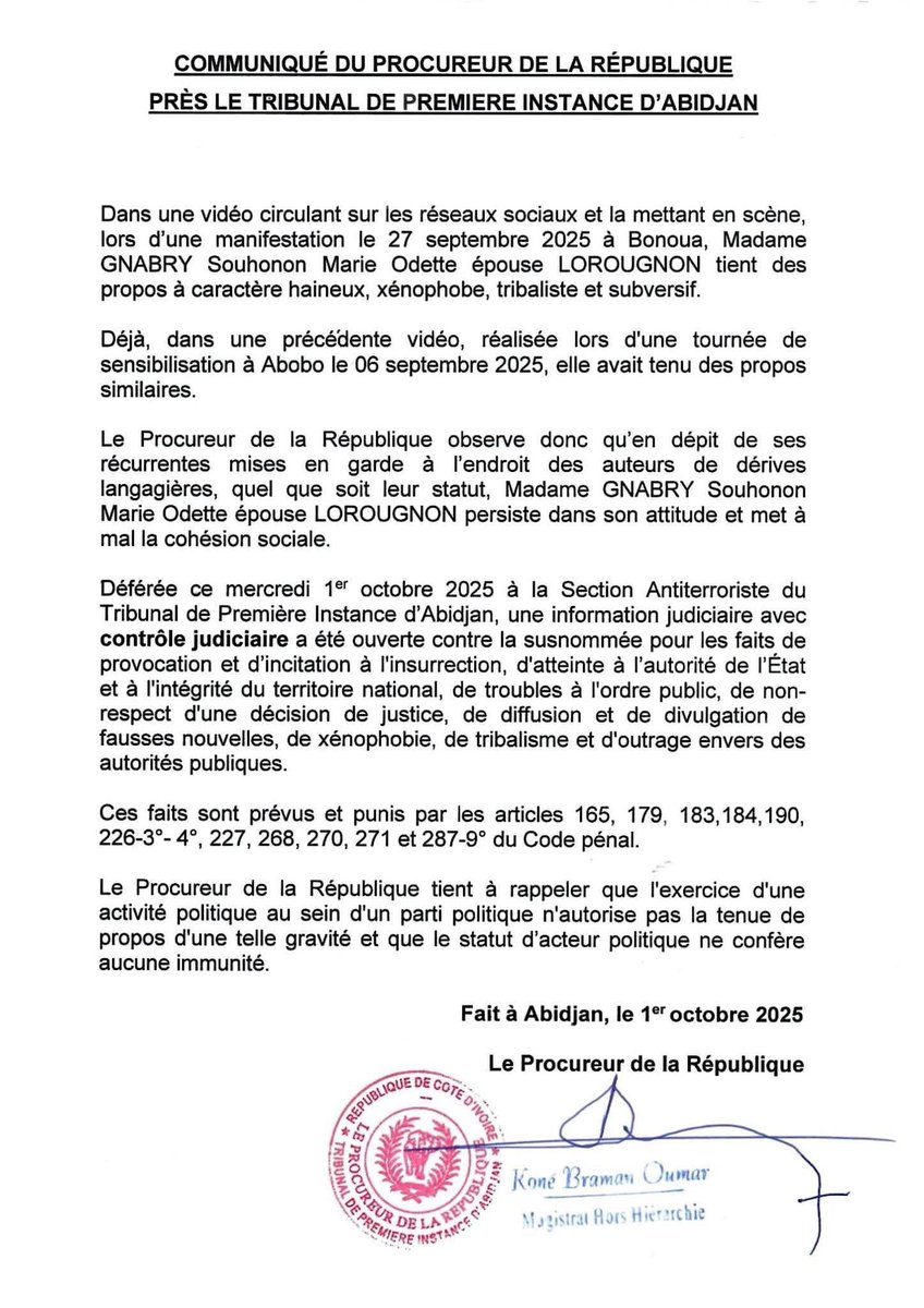 Abidjan, le 1er octobre 2025 - #parquetdabidjan
𝐂𝐨𝐦𝐦𝐮𝐧𝐢𝐪𝐮𝐞́ 𝐝𝐮 𝐏𝐫𝐨𝐜𝐮𝐫𝐞𝐮𝐫 𝐝𝐞 𝐥𝐚 𝐑𝐞́𝐩𝐮𝐛𝐥𝐢𝐪𝐮𝐞 𝐩𝐫𝐞̀𝐬 𝐥𝐞 𝐓𝐫𝐢𝐛𝐮𝐧𝐚𝐥 𝐝𝐞 𝐩𝐫𝐞𝐦𝐢𝐞̀𝐫𝐞 𝐢𝐧𝐬𝐭𝐚𝐧𝐜𝐞 𝐝'𝐀𝐛𝐢𝐝𝐣𝐚𝐧.