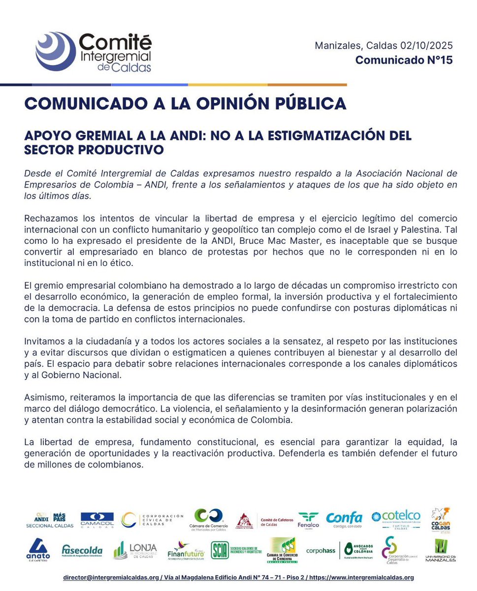 📢 Respaldamos a la <a href="/ANDI_Colombia/">ANDI</a> ante los recientes señalamientos.

La libertad de empresa es un pilar constitucional y no debe ser estigmatizada.

El sector productivo aporta empleo, inversión y competitividad al país.

#ANDI #SectorProductivo #LibertadDeEmpresa