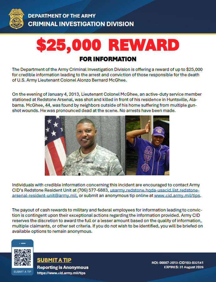 HPD and @ARMYCID continue to seek information in the 2013 homicide of Lt. Col. Alonzo McGhee. 

💡Even the smallest tip could make a difference.
📞Call 256-53-CRIME or Army CID at 706-577-6883.

MORE INFO 👉 tinyurl.com/4ctfb3r7