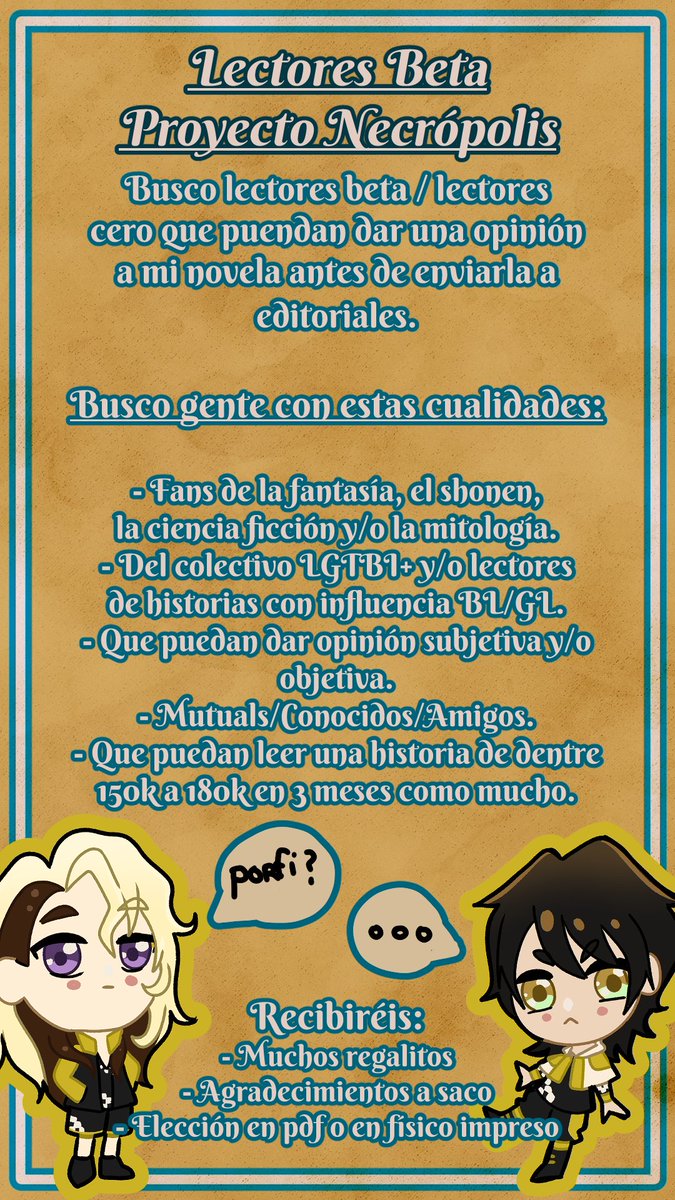 ¡¡Holi!! Tal y como os conté ayer finalicé la novela en la que llevo trabajando sin parar los últimos meses. Por ello: BUSCO LECTORES BETA para que me den su opinión, vean disonancias de algún tipo, etc. 

Por ello, hice un formulario de google para que os apuntéis! &lt;3