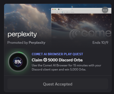 Albertocep799's tweet photo. 5000 orbs de Discord por usar Comet durante 15 minutos 💀, la primera quest de la plataforma en dar semejante cantidad https://t.co/HeLbk0lKjY