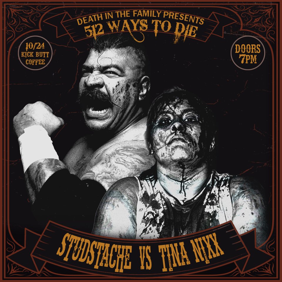 🪦 MATCH ANNOUNCEMENT 🪦

Their clash is no accident; it’s fate. 

When STUDSTACHE storms into a fight, he brings only MISERY with him.

But standing in his path is TINA NIXX, a violent fusion of feminine fire and brute chaos.

Doors 7PM | Show 8PM
🎟: bit.ly/4nzUAKc