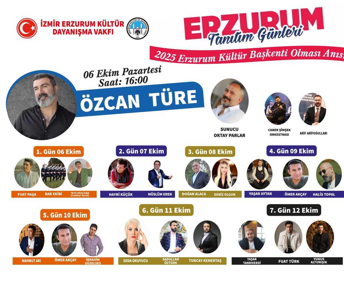 6 -13 Ekim İzmir Erzurum Tanıtım Günleri'ne tüm hemşehrilerimiz davetlidir.