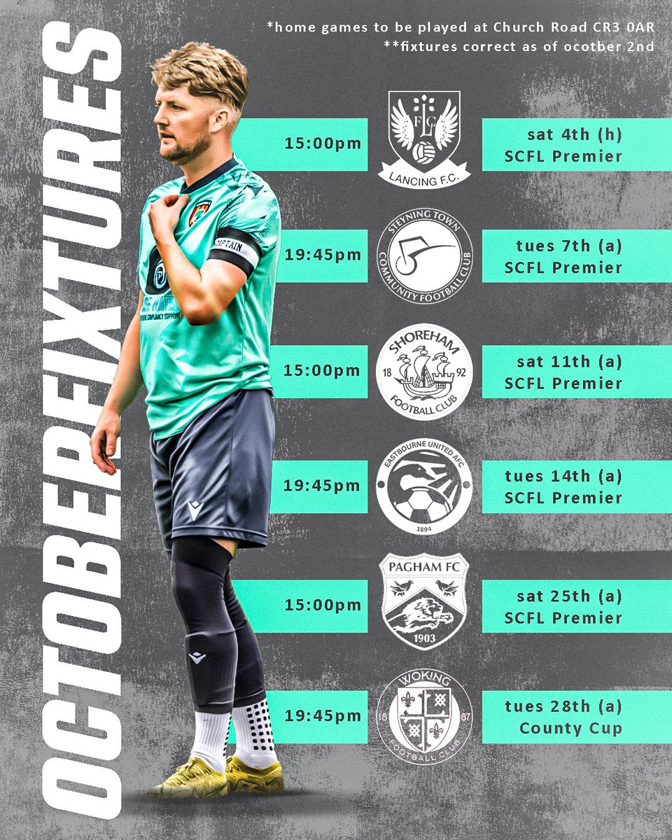 Lingfield_FC's tweet photo. ⚽️⚽️ OCTOBERS FIXTURES⚽️⚽️

6 matches- 2 comps #upthelingers

Please note home games are now at @AFCWhyteleafe stadium - Church Road CR30AR

🤝 @LancingFC (h)
🤝 @SteyningTown (a)
🤝 @ShorehamFC (a)
🤝 @eastbourneuafc (h)
🤝 @PaghamFCNews (a)
🤝 @wokingfc (a)

@TheSCFL #CountyCup https://t.co/CCGguV6XV6
