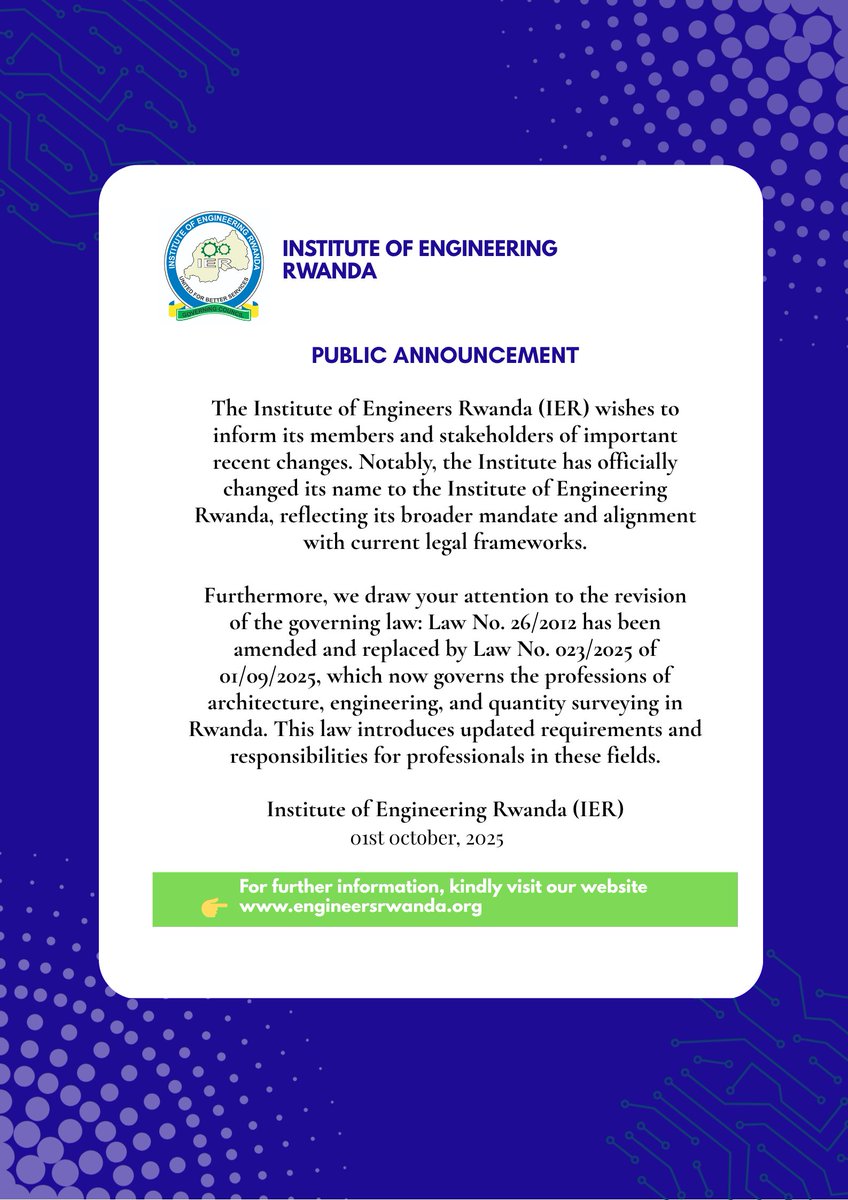 Did you know?

The Institute of Engineers Rwanda is now the Institute of Engineering Rwanda (IER).

For more information visit 
👉 engineersrwanda.org