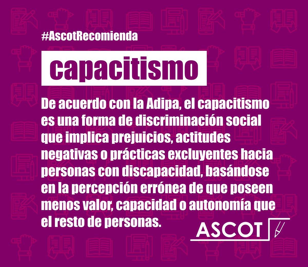 La Agencia de Discapacidad e Inclusión de Personas Adultas (#Adipa) señala que ser una persona capacitista significa sostener o manifestar creencias, actitudes o prácticas que perpetúan la discriminación por motivos de discapacidad. #AscotRecomienda #Capacitismo #Capacitista