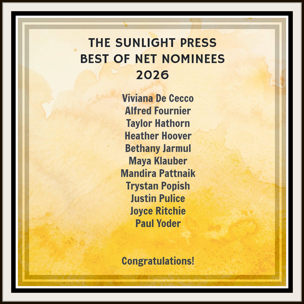 Sunlight_Press's tweet image. Congratulations to our 2026 Best of Net nominees!
