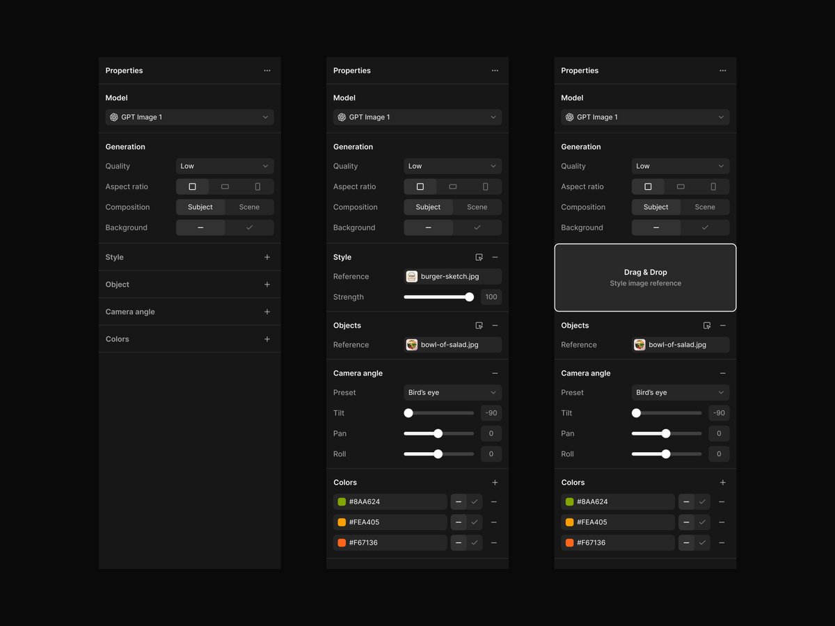 Explorations for a properties panel design for AI image generation app