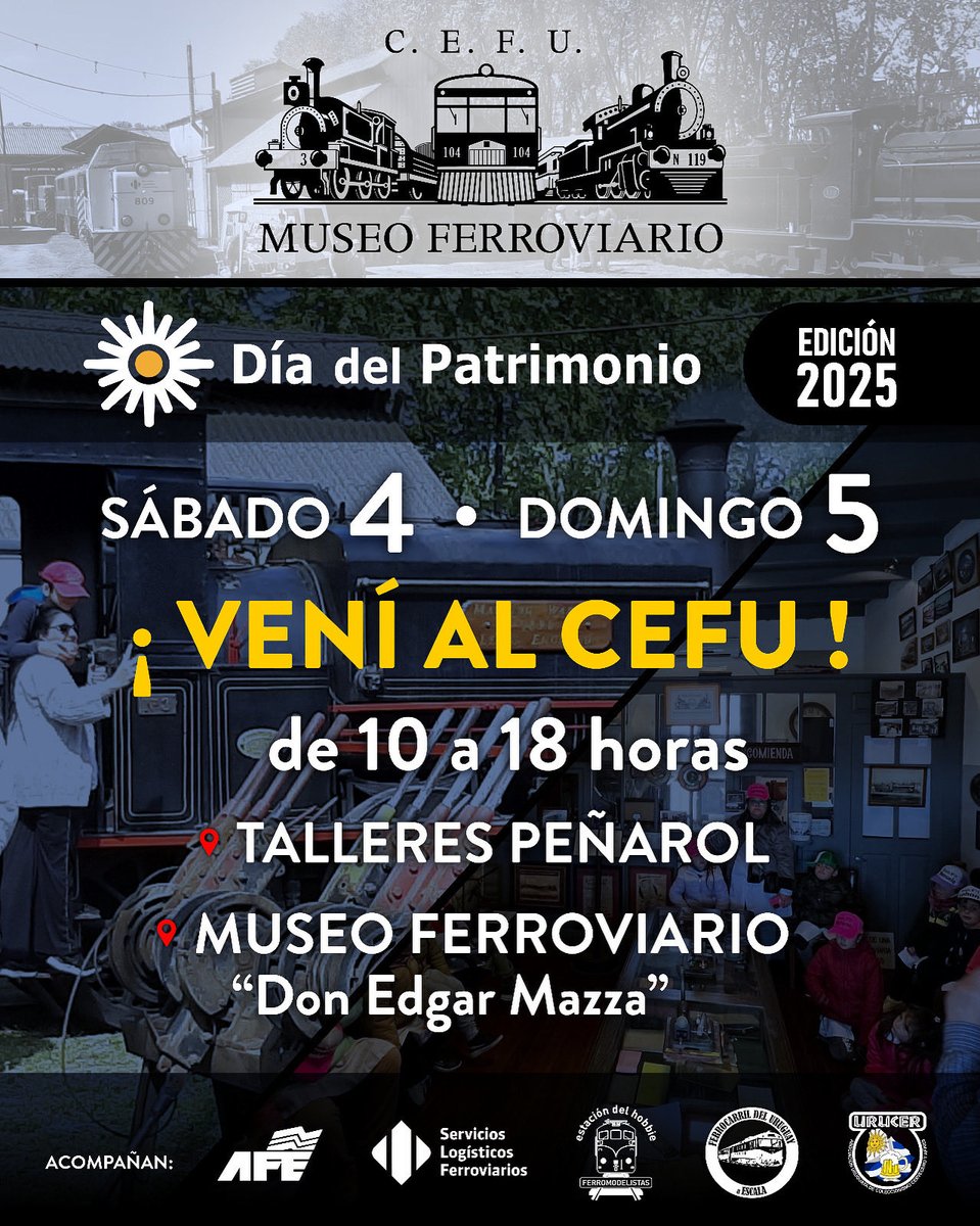 ECesar15873953's tweet photo. El Día del Patrimonio 2025 llega al CEFU!

Visitá el Museo Ferroviario “Don Edgar Mazza” en los Talleres Peñarol.

Sábado 4 y Domingo 5 de octubre.

Horario: 10 a 18 horas.

¡Te esperamos para revivir la historia del tren! https://t.co/vouJ7jZD78