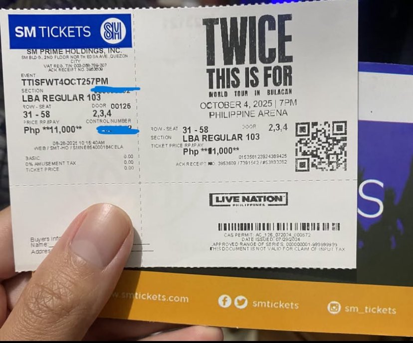 daverickV's tweet photo. #WTS #LFB #TWICE  This is For Bulacan ticket
(1) LBA Regular 103 row 31-seat 58
Price: 7500 = Orig. =11k

MoP: GCash/BPI/GoTyme or meet up
Meet ups: SM North, Cubao or Anonas Area
 RFS: got better seats
#THIS_IS_FOR_IN_MANILA #TWICE_THISISFOR_WORLD_TOUR_IN_BULACAN https://t.co/xsXeWgrpH4