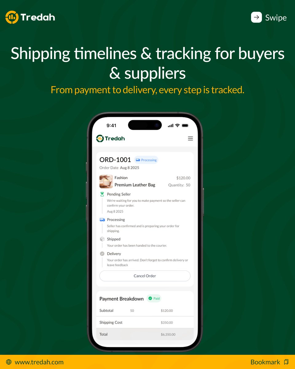 Tredah_official's tweet photo. No more guesswork. 
At Tredah, we provide:
✅ Shipping timelines you can trust
✅ Real-time tracking for buyers &amp; suppliers
Transparency = trust. https://t.co/xvIcj22n0O