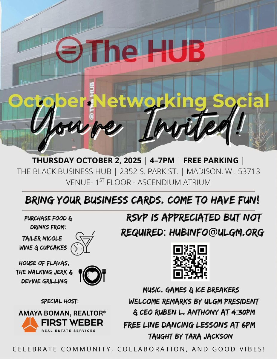 ✨ It’s happening TODAY! ✨
 BBH Networking Social | 4–7 PM

🎤 Welcome @ 4:30 PM by Dr. <a href="/rubenatonyjr/">Ruben L Anthony Jr</a>
💃 Line dancing @ 6 PM with Tara Jackson
🍖 Soul food, jerk chicken, vegan bites, cupcakes, wine

📍 The Hub, 2352 S Park St | 🚗 Free parking