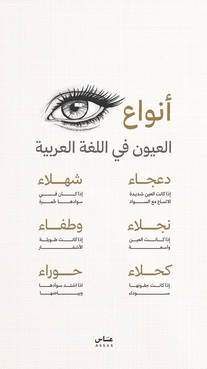 assas_ksa's tweet image. ✨👁️
جمال العيون في لغتنا العربية له أوصاف مدهشة وأسماء تعبّر عن أدق التفاصيل