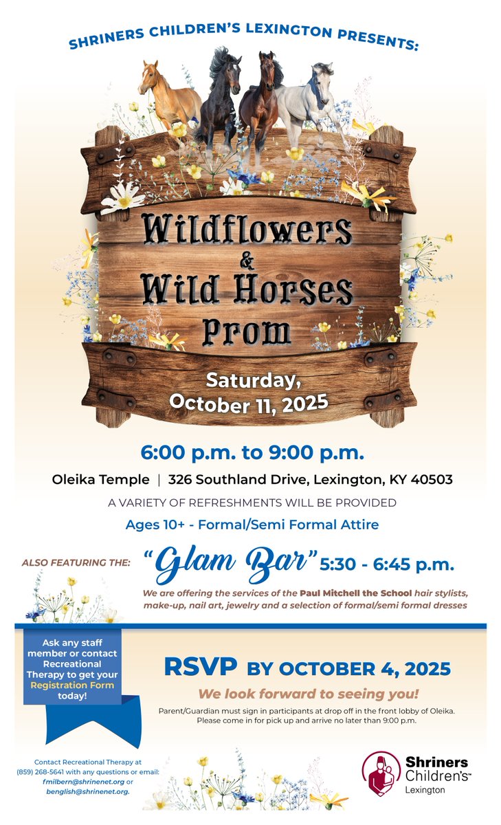 Time’s running out to join the most magical night of the year🕺✨

RSVP to the Wildflowers &amp; Wild Horses Prom by October 4. Formal/semi-formal attire encouraged.

Ask Rec Therapy for your form!