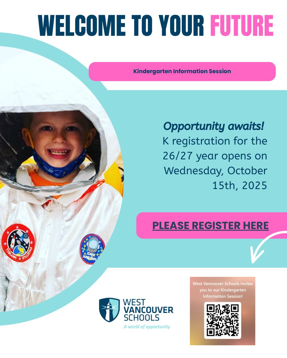 WestVanSchools's tweet photo. West Vancouver Schools invites you to our Kindergarten Information Session! On Thurs, Oct 9, 2025 (6–7 PM) at Kay Meek Studio Theatre. Learn about registration &amp; how #WestVanEd supports lifelong learning. Adults only—no child care. Register via link in bio. #Kindergarten2026 https://t.co/tfXvAEiDhB