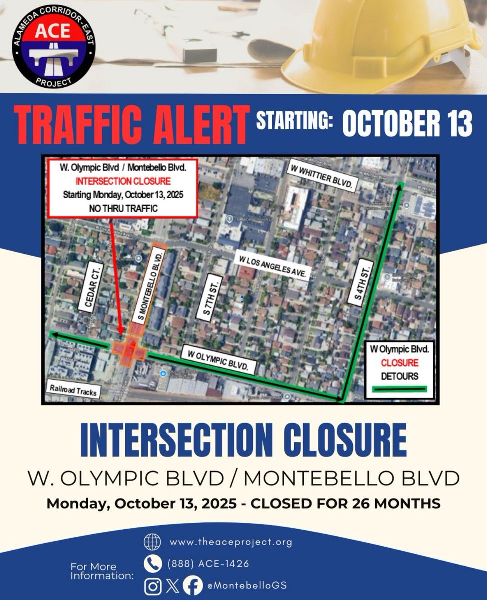 MontebelloGS's tweet photo. 🚧 Montebello Intersection Closure 🚧
 📍 W. Olympic Blvd &amp; Montebello Blvd
 🗓️ Closes Monday, Oct 13 ⏳ Closed for 26 months

This work will bring long-term improvements to local traffic flow and safety. Please follow detours and plan ahead! @MontebelloCity https://t.co/SjU6ZlH6tt