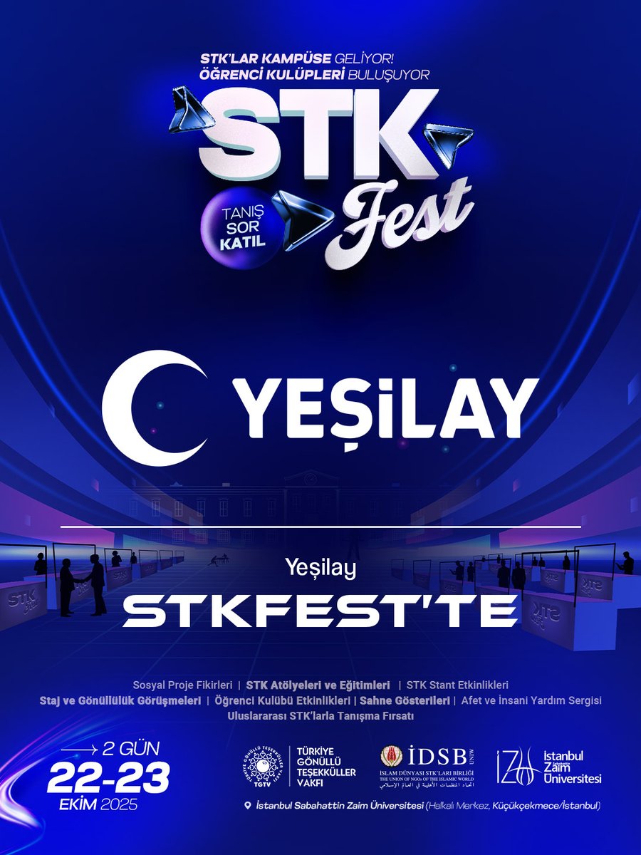 Yeşilay, STKFest’te!

Yeşilay, 22-23 Ekim 2025’te İstanbul Sabahattin Zaim Üniversitesi’nde gerçekleşecek olan STKFest’te üniversite öğrencileri ile buluşuyor! 🎉

👉 Üniversiteli gençler, #STKFest’te heyecan sizi bekliyor!