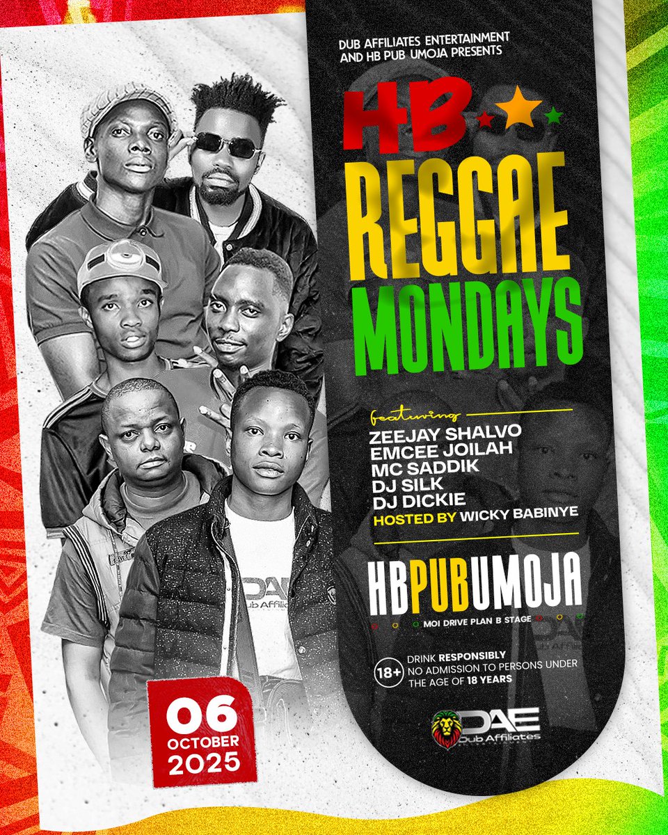 🔥🌍 HB REGGAE MONDAYS 🌍🔥
The heartbeat of Umoja meets the global reggae vibe! 🎶✨
On 6th October 2025, join us at HB Pub Umoja for an unforgettable night