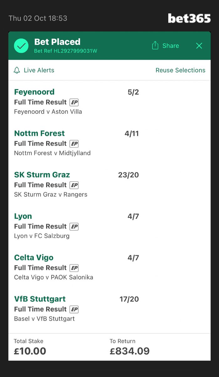 £10 to £834 🤑

#Football #bet #bets #inplay #money #tips #followers #smm #bet365
#europaleague
Add To Your Bet Slip - bet365.com/s/r/5TjfT