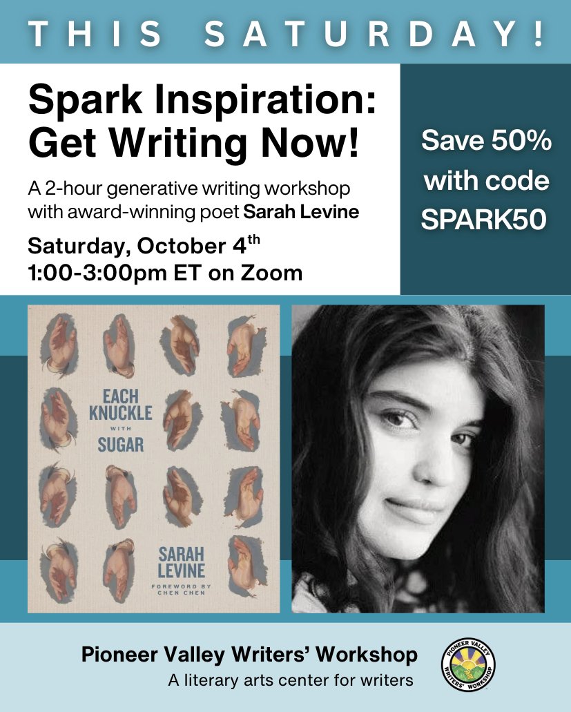 This Saturday, October 4th, tap into fresh ideas, unlock your writing flow, and leave with renewed energy for your craft with Sarah Levine - now 50% off and only $30 to attend when you use the promo code SPARK50! 

Sign up: pioneervalleywriters.org/service-page/s…
