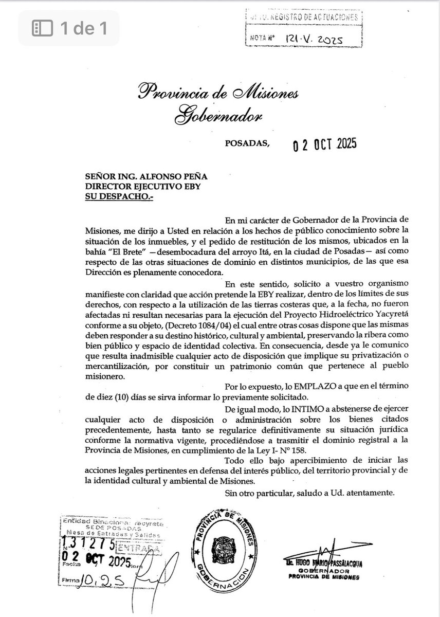 He intimado a la EBY a cumplir la Ley I-158, que implica la transferencia a Misiones de los terrenos costeros que no fueron necesarios para la represa. Resulta inadmisible cualquier intento de privatización: son patrimonio del pueblo misionero y vamos a garantizar que continúen