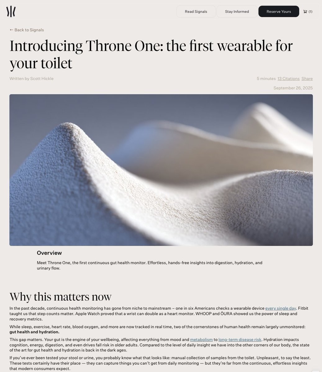 We launched our first marketing campaign this week

One of the many pieces that went into that was the launch of our education hub, Signals

I'm especially proud of "Introducing Throne One: the first wearable for your toilet" – it's the most detailed piece we've written to-date