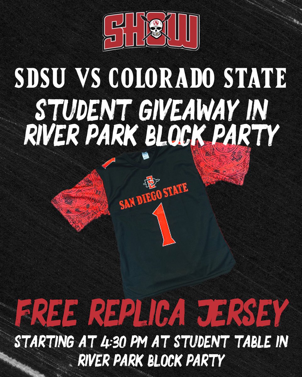 TheShowSDSU's tweet image. TOMORROW: Come by the River Block Party before the game and get a free replica jersey!