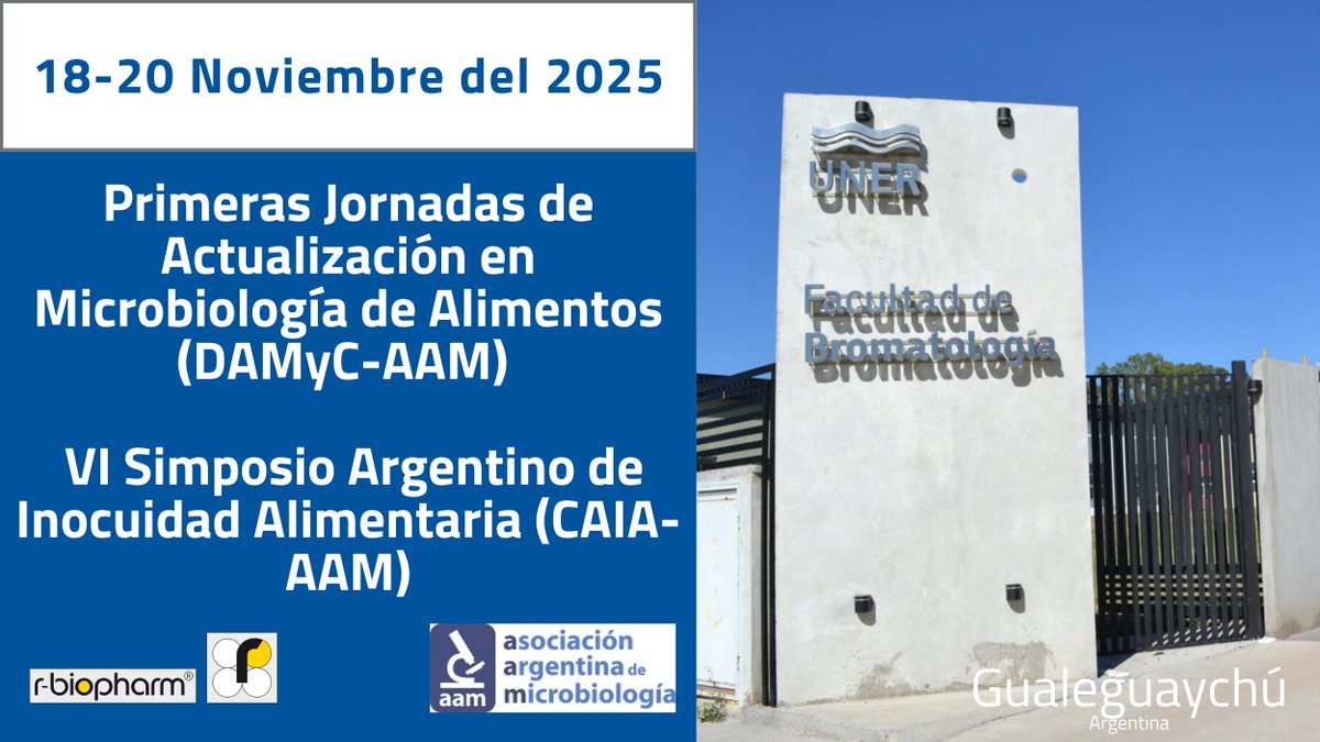 RBiopharm_lat's tweet photo. 📍 ¡Nos vemos en Gualeguaychú!
En R-Biopharm Latinoamérica estaremos participando en las Primeras Jornadas de Actualización en Microbiología de Alimentos (DAMyC-AAM) y en el VI Simposio Argentino de Inocuidad Alimentaria (CAIA-AAM). https://t.co/yZllm7ncV5