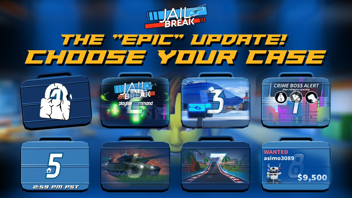 badimo's tweet image. You chose: CASE 3!
โ๏ธ NEW: Aerial Spawning!
๐ Approach a keypad at select Helicopter spawns to choose the vehicle of your choice!
๐ This also means we will soon accept limited aerials!
#Roblox #Jailbreak
โ
 Case 5 remains! Return later today for the reveal!