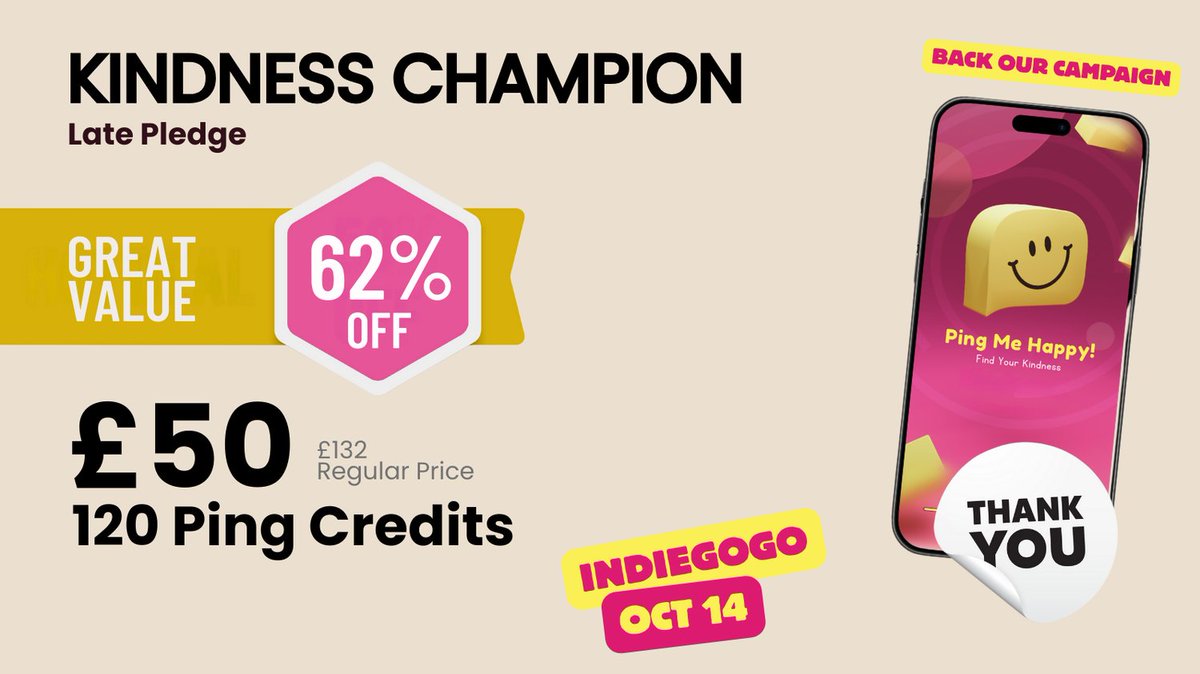 pingmehappy's tweet photo. Be part of something amazing!
Support Ping Me Happy on Indiegogo with £50 pledge = 62% off your reward. Opens Oct 14
✨ Spread joy & be first to Ping happiness - don’t miss out!
#PingMeHappy #FindYourKindness #Indiegogo #SuperEarlyBird #WallofKindness https://t.co/PElveMIwGx