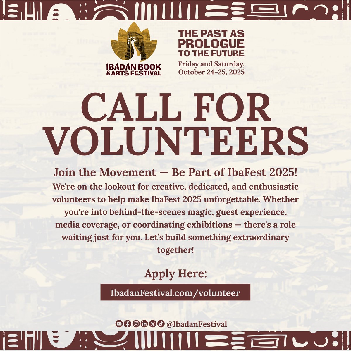 Reminder! The call for volunteers for the inaugural Ibadan Book and Arts Festival is still open. If you’re passionate about books, arts, and culture, this is your chance to be part of something historic.