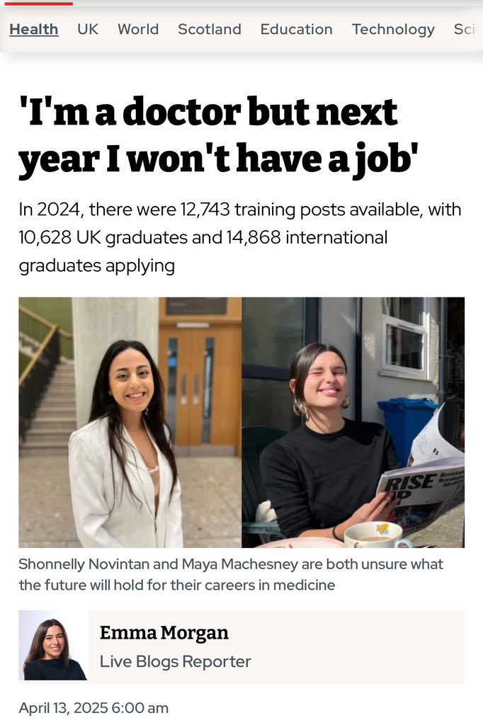 Dr Haseena Wazir (@drhwazir) on Twitter photo The NHS is wasting doctors.
Thousands are shut out of training to become Consultants or GPs because the Government won’t fund enough places.
Meanwhile, FY1 doctors are paid just £18.62/hr.
Patients wait, doctors are unemployed. This is happening on <a href="/wesstreeting/">Wes Streeting</a>’s watch. The NHS is wasting doctors.
Thousands are shut out of training to become Consultants or GPs because the Government won’t fund enough places.
Meanwhile, FY1 doctors are paid just £18.62/hr.
Patients wait, doctors are unemployed. This is happening on <a href="/wesstreeting/">Wes Streeting</a>’s watch.