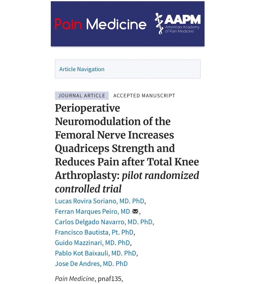 Un placer comunicar que nos acaban de publicar un artículo sobre NeuroModulacion Percutánea MSK sobre el manejo post quirúrgico en pacientes con artroplastia de rodilla. Efectiva en el control del dolor post quirúrgico y recuperación funcional. <a href="/pacobautista1/">Paco Bautista</a> <a href="/lucasrovira/">Lucas Rovira, MD. PhD.</a>
