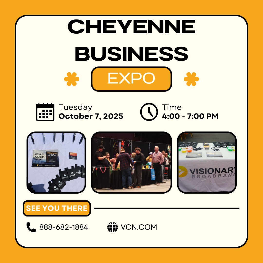 visionaryyeah's tweet image. Come see us at the Cheyenne B2B Expo on October 7th! 🤝 Learn about our services and chat with our business sales team! #cheyennewy #businessnetworking #localbusiness #internetcompany