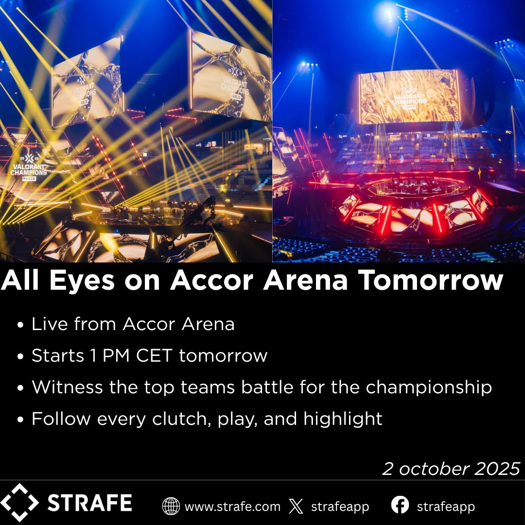 🎯 #VALORANTCHAMPIONS Finals Weekend is here!

Catch all the action live tomorrow from the Accor Arena at 1 PM CET. 

Don’t miss it! 👀

#VALORANT #Esports