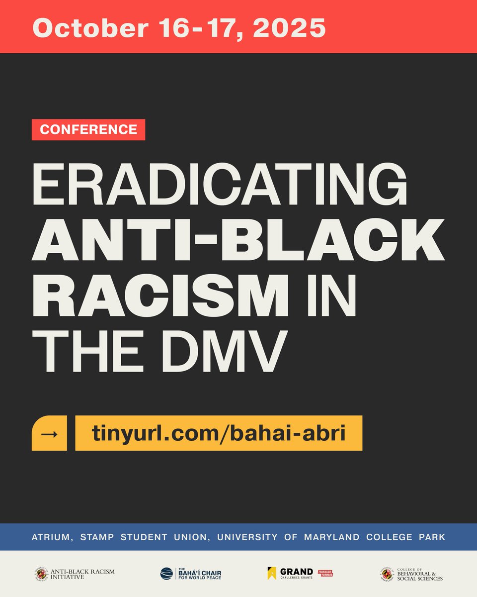 BahaiChair's tweet photo. We are looking forward to our next in person event, a conference on Eradicating Anti-Black Racism in the DMV, co-sponsored with ABRI. You can RSVP now at: https://t.co/Uac3qcaOQB #events #bahaichair #abri #umd https://t.co/aQmeNXyvc7