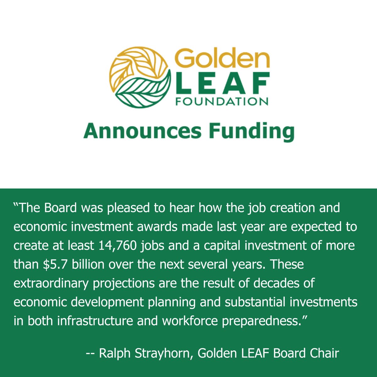 🌟We're thrilled to announce $8.4 million in funding to support projects that drive economic growth, through job creation and economic investment, workforce preparedness, and disaster relief and resilience in NC.
Learn more: goldenleaf.org/golden-leaf-an…

#GoldenLEAF #RuralNC #Funding