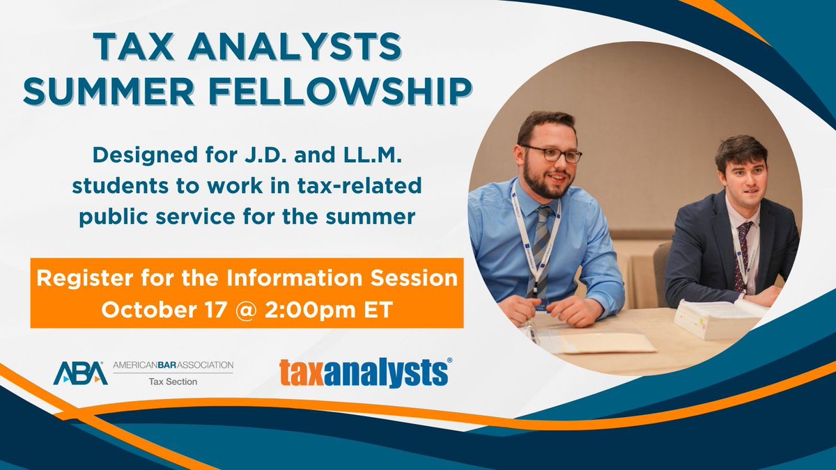 🚨 Law students! Interested in tax law + public service?

Join our TA Summer Fellowship Info Session to learn how you can get PAID to do impactful tax work this summer.

📅 October 17 | 2:00pm ET
🔗americanbar.zoom.us/meeting/regist… 

#TaxLaw #LITC #TaxLawStudents #Tax