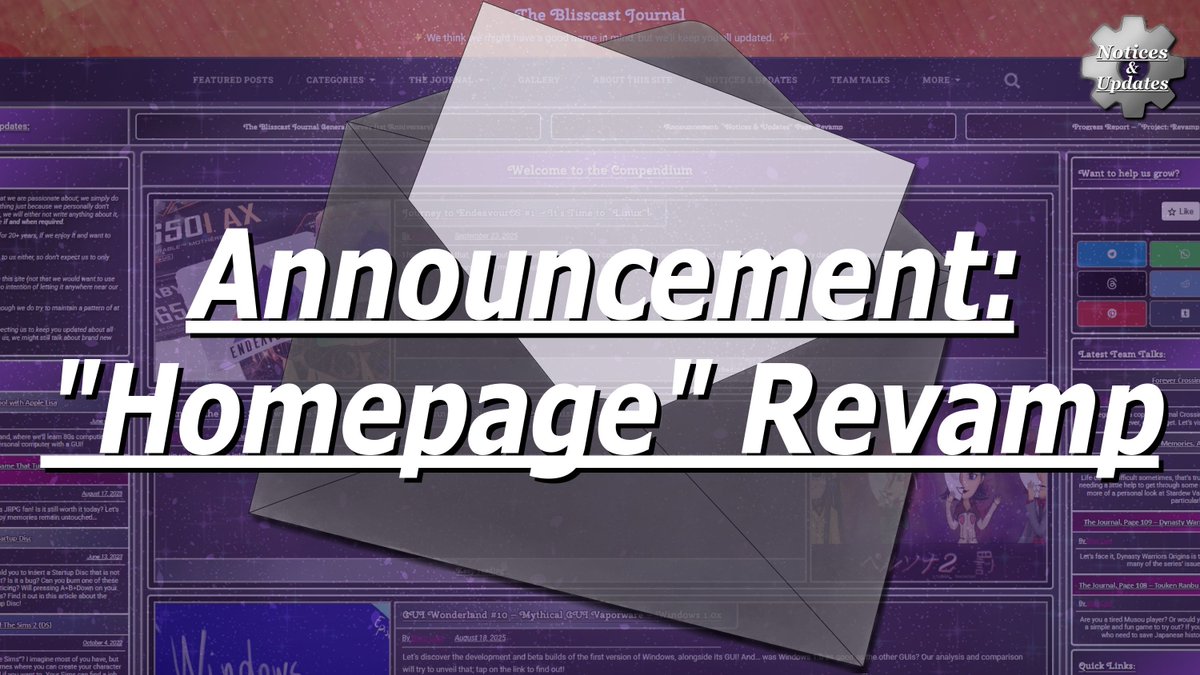 We know you've all had to wait far longer for this than we initially anticipated, but we're very proud to announce that our long-awaited Homepage Revamp is finally ready for Public Testing! 🥳 

blisscast.wordpress.com/2025/10/02/ann…