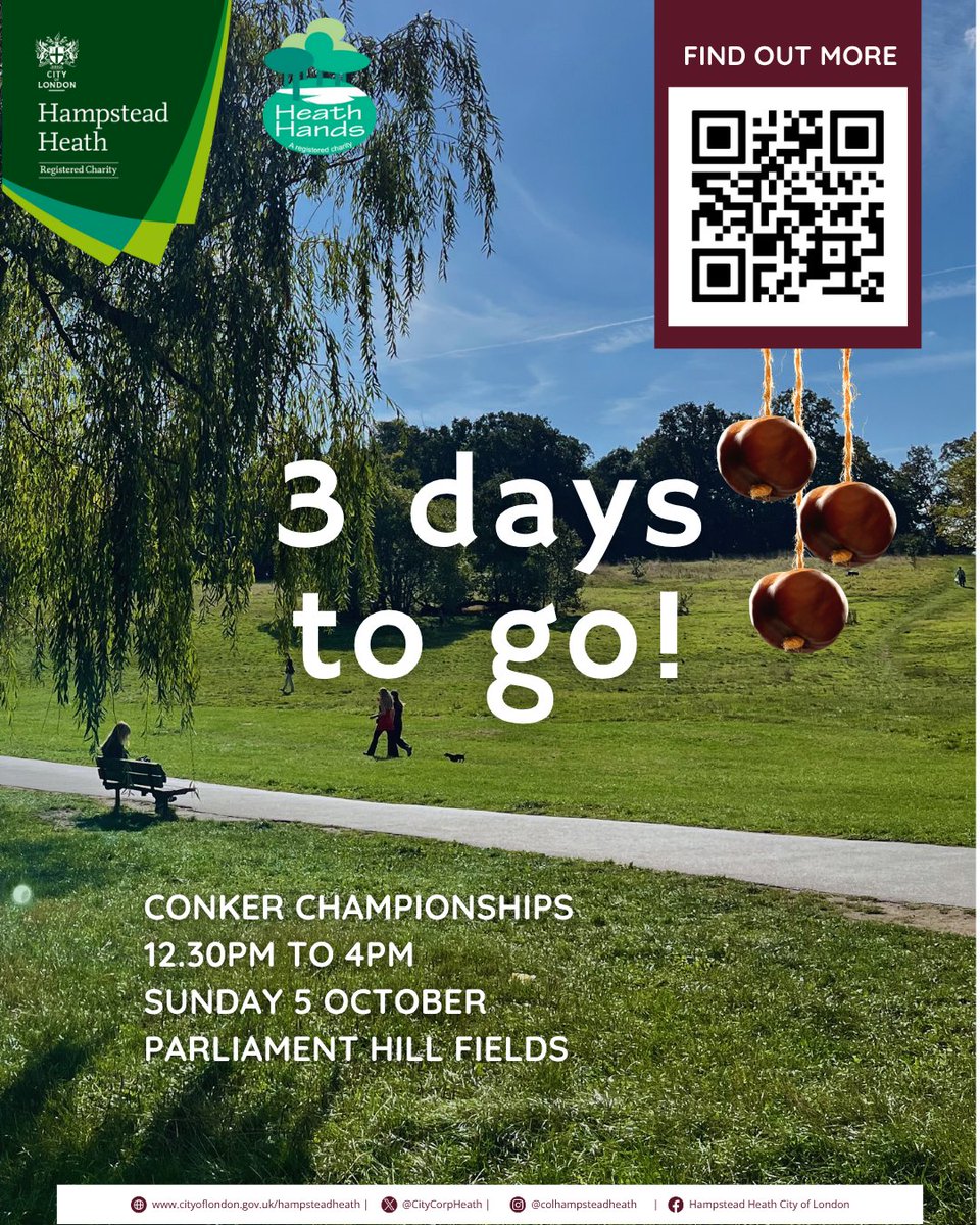 CityCorpHeath's tweet image. The Conker Championships are right around the corner!

This Sunday 5 October, come down to Parliament Hill Fields and watch along or play for the title of conker champion 🏆

Is this your time to shine? See you on Sunday!

#conkers #autumn #hampsteadheath #londonevents