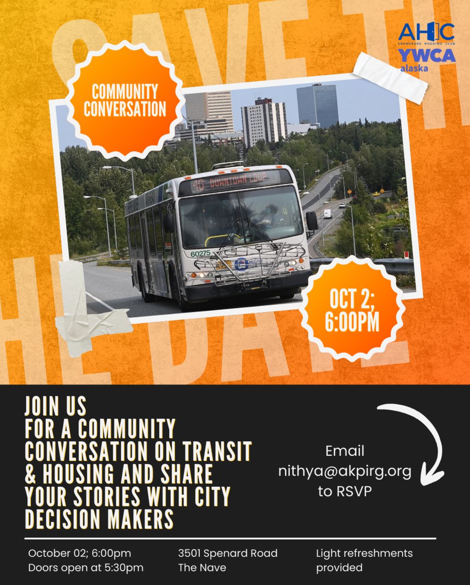 📢 Happening tonight!
Community Conversation on Transit &amp; Housing
🗓 Tonight, Oct 2 | ⏰ 6PM
📍 The Nave, 3501 Spenard Rd
📧 RSVP: nithya@akpirg.org