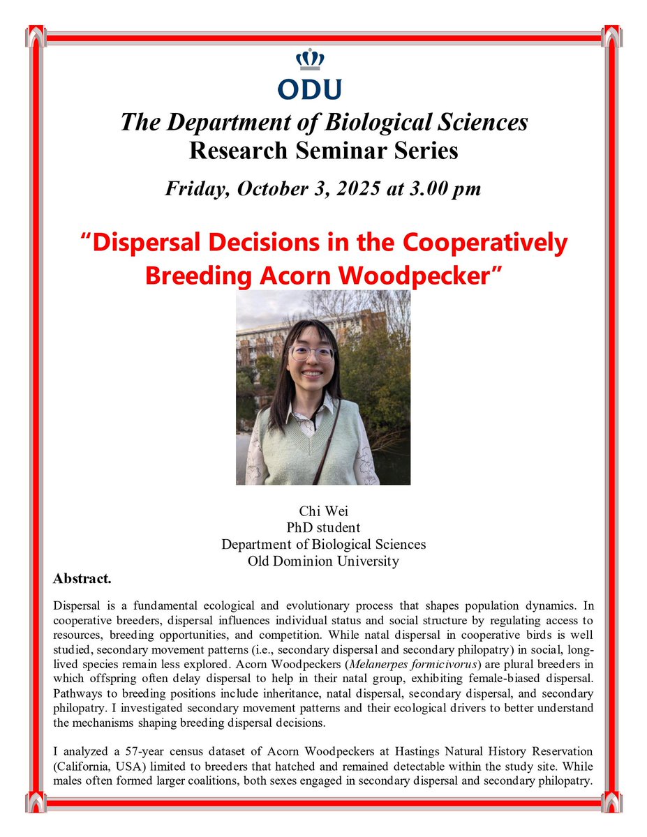 BIOLOGYatODU's tweet photo. Please join us Friday, October 3 at 3 pm in MGB 101 for our research seminar to hear from graduate students Chi and Ferris on “Dispersal Decisions in the Cooperatively Breeding Acorn Woodpecker” and “Splitting Hairs: the Biomechanics of Gray Whale Baleen”. https://t.co/cBGeVyA3mH