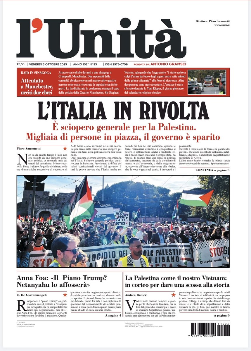 unitaonline's tweet image. 📰 La prima pagina dell’#Unità del #3ottobre

Abbonati subito: bit.ly/ABBONATI-SUBITO