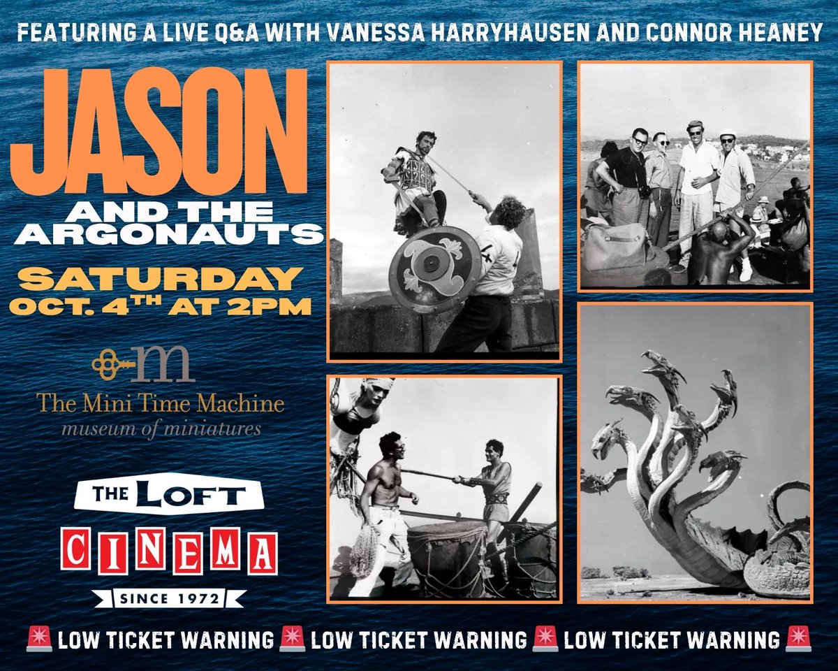 Ray Harryhausen (@ray_harryhausen) on Twitter photo 📷LOW TICKET WARNING📷
Jason and the Argonauts (1963) - Saturday, October 4 at 2:00PM
With Vanessa Harryhausen and <a href="/ConnorHeaney86/">Connor Heaney</a> in person!
Co-presented by <a href="/museumofminis/">The Mini Time Machine</a> The Mini Time Machine Museum of Miniatures, whose new exhibit, Ray Harryhausen: Miniature Models of the 📷LOW TICKET WARNING📷
Jason and the Argonauts (1963) - Saturday, October 4 at 2:00PM
With Vanessa Harryhausen and <a href="/ConnorHeaney86/">Connor Heaney</a> in person!
Co-presented by <a href="/museumofminis/">The Mini Time Machine</a> The Mini Time Machine Museum of Miniatures, whose new exhibit, Ray Harryhausen: Miniature Models of the