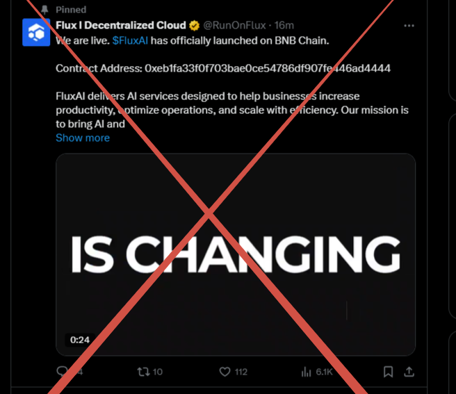 LizaFlux's tweet photo. The official Twitter (X) of @RunOnFlux  has been hacked!!!
The team is working on a resolution, do not interact with any announcement at the moment. We will notify you as soon as the problem is resolved.

#Flux #DePIN https://t.co/Fl1vt2wnV3